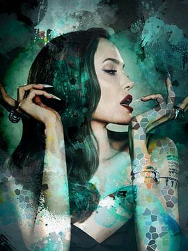Angelina Jolie Maleficent Modernes abstraktes Porträt in Blau Grün Schwarz von Art By Dominic