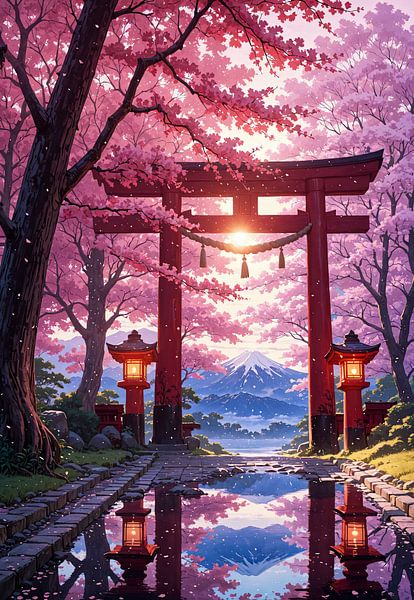 Torii Gate Cherry Blossom Sakura Mount Fuji Japan by Ruzerin