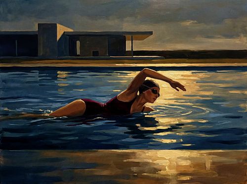 Sierlijke zwemmer in het licht van de ondergaande zon