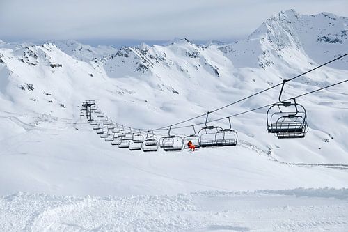 A chair lift at the La Grande Motte glacier in Tignes, a winter sports resort in France