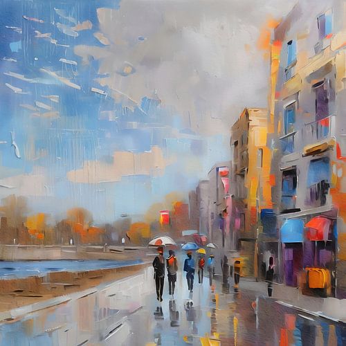 Vierkant kunstwerk van mensen die wandelen in de regen