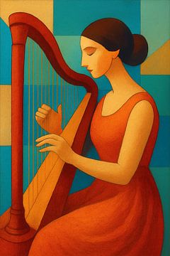 Illustration géométrique d'une femme jouant de la harpe. sur Galerie Hoppenbrouwers