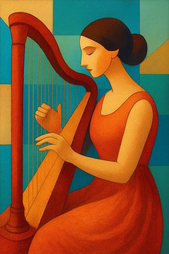 Vrouw speelt harp geometrische illustratie.