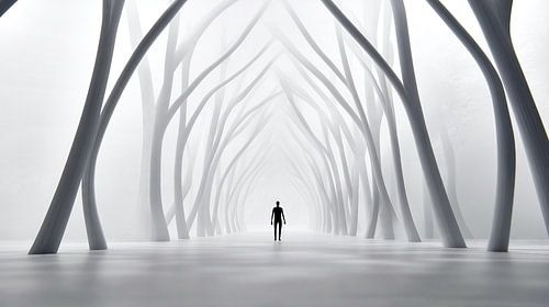 Silhouet van een man in een mistig wit bos