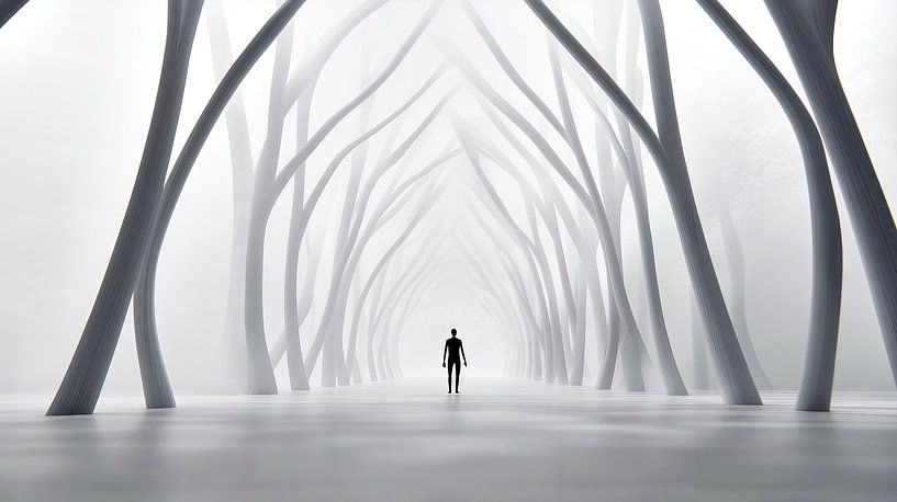 Silhouette of a man in the misty white forest by Frank Heinz