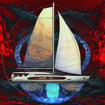 Catamaran mystiek: Vierkante canvasprint voor verlangen en avontuur van ADLER & Co / Caj Kessler