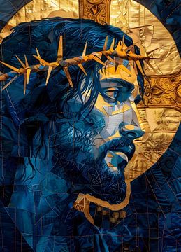 Jésus en vitrail bleu et or