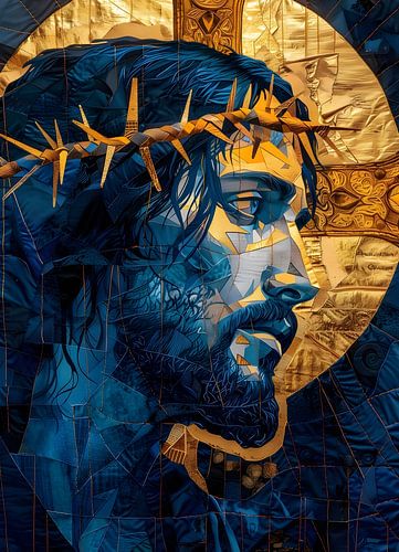 Blauw en goud gebrandschilderd glas Jezus