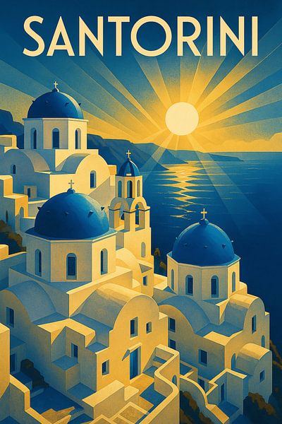 Santorini Art Deco Poster – Blue Domes and Golden Sunset by Travel Shop