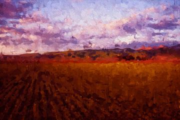 Rolling landscape in ochre and purple, abstract painting of arable farming with mountains in backgro by MadameRuiz