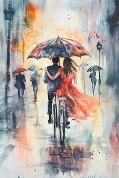 Verliefd fietsen in de regen van Poster Art Shop