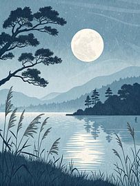 A Tranquil Japanese Lakeside Night with Whispering Reeds and Distant Mountains by Artistic