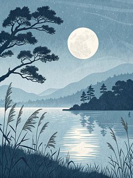 Een rustige Japanse nacht aan het meer met fluisterend riet en bergen in de verte van Artistic