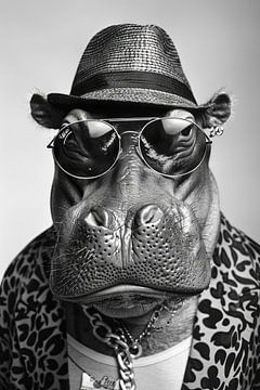 Stijlvol nijlpaard met zonnebril en hoed in zwart en wit van Felix Brönnimann