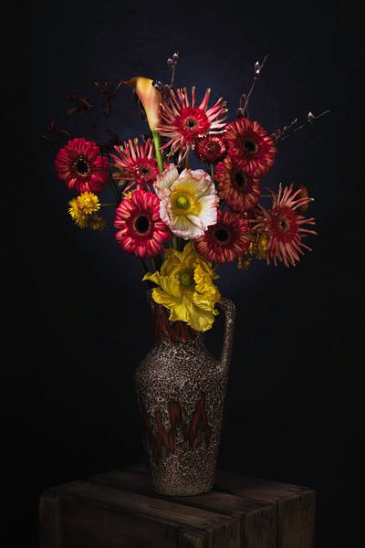 Still life picture of red and yellow flowers in a retro vase by MICHEL WETTSTEIN