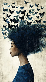 Indigo Mirage - Modern Surrealistisch Vrouwen Portret met Vlinders en Afro Structuur