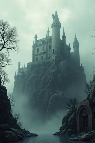 Digitale rendering: Kasteel op klif met mist en meer
