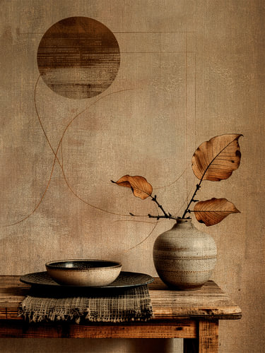 Tijdloos Japandi Stilleven met Vaas met Herfstblad