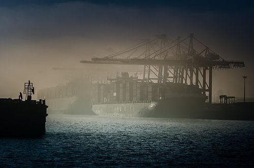 Fotografie Hamburg - Architektur - Containerschiff liegt im Nebel am Containerterminal in Hamburg von Ingo Boelter