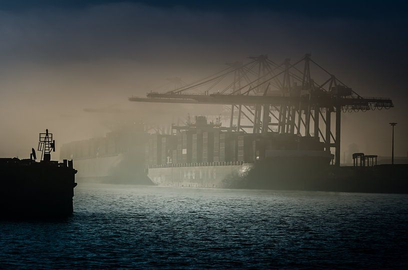 Fotografie Hamburg - Architektur - Containerschiff liegt im Nebel am Containerterminal in Hamburg von Ingo Boelter