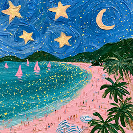 Pink Impressionist Painting: Beach under a Starry Sky Full of Dreams by Surreal Media