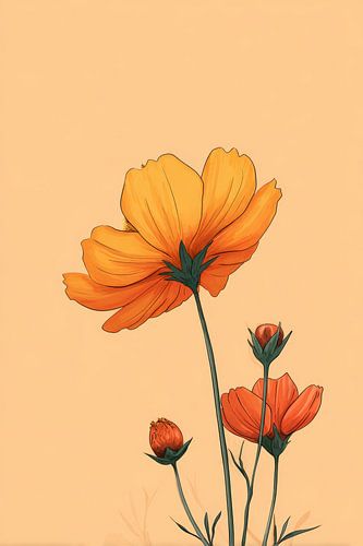 Bloemen in Illustratieve Eenvoud Warme Oranje Stilte van Eva Lee