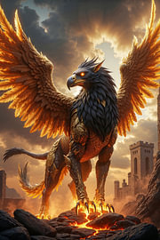 Fantasy Gothic Wall Art: ZYNGRATHOR - The Mighty Griffin in the Ruins of a Castle by INFERAURUM - Dark Fantasy Wall Art