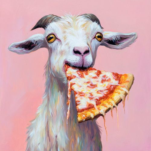 Pizza eating goat painted funny