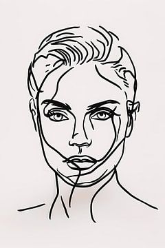 Zwart-wit lijntekening van vrouwengezicht van De Muurdecoratie