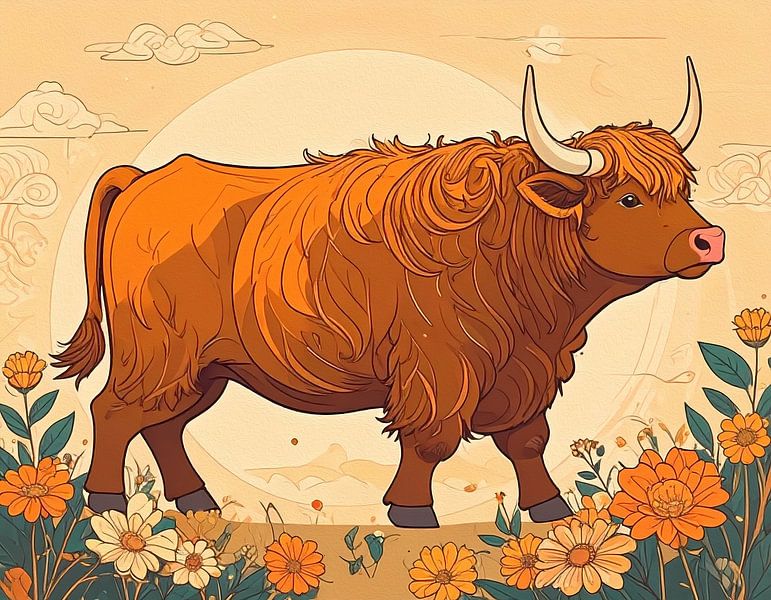 Schotse hooglander gekleurde tekening zon en bloemen van Emiel de Lange