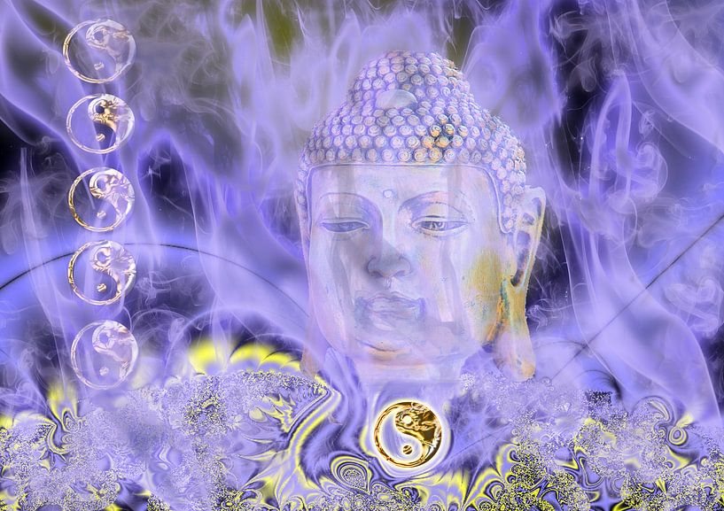 Buddha hinter blauem Nebel van Roswitha Lorz