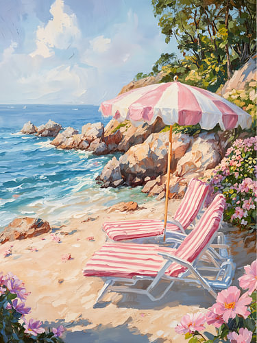 Schilderij van een roze strand