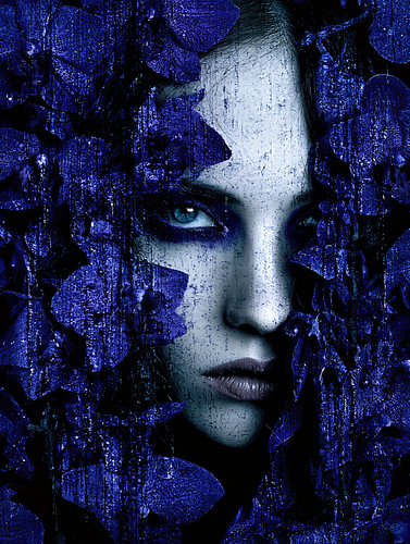 Indigo Enigma – Mystical Gothic Portrait with Midnight Blue Craquelure and Plaster Texture