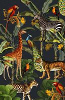 Jungle with tiger and tropical plants, zebra, giraffe and toucan