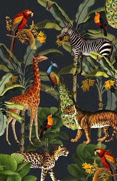 Dschungel mit Tiger und tropischen Pflanzen, Zebra, Giraffe und Tukan