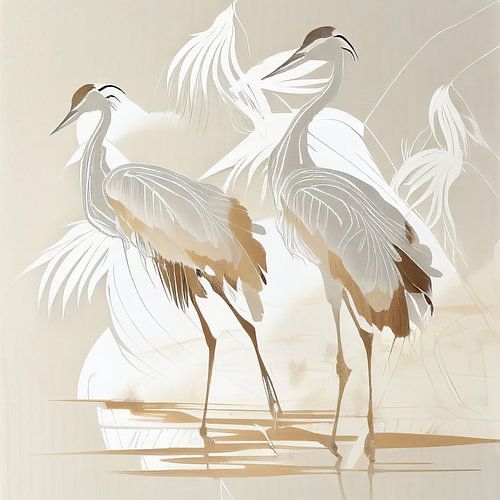 Kraanvogels abstract beige & white van Bianca ter Riet