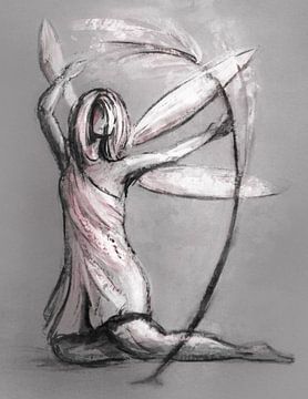 Fee in grijs roze en wit in krijt tekening stijl van Emiel de Lange