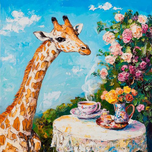 Giraffe drinkt thee in de tuin