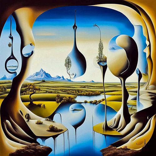 Paysage futuriste dans le style de Hieronymus Bosch.