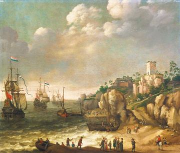Dutch ships in front of a rocky coast with figures, buildings beyond, Adam Willaerts