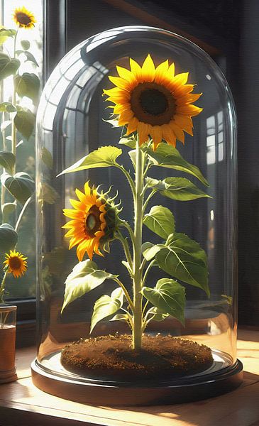 Sunbathing sunflowers in bell jar by Maud De Vries