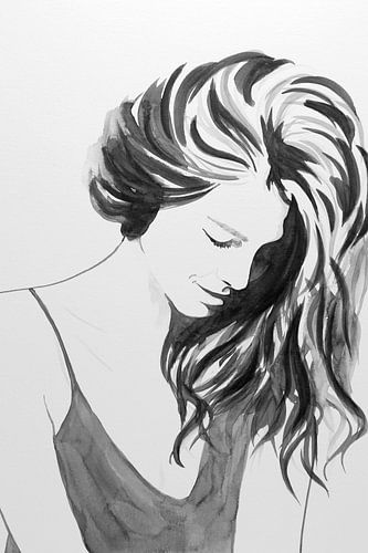 Mooie jonge vrouw kijkt weg (zwart wit aquarel schilderij portret vriendelijk glimlach grijstinten)