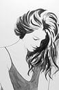Mooie jonge vrouw kijkt weg (zwart wit aquarel schilderij portret vriendelijk glimlach grijstinten) van Natalie Bruns thumbnail