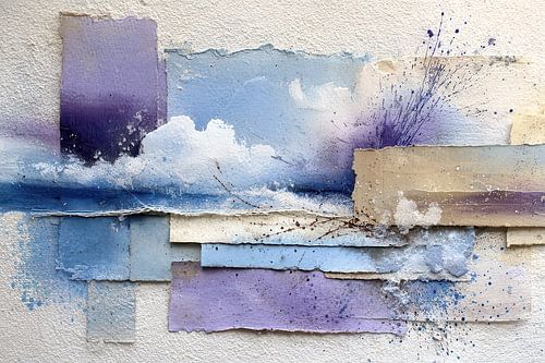 Abstract schilderij in lila en beige met zachte lijnen