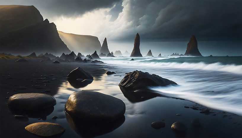 Zwart zandstrand met zee van Mustafa Kurnaz