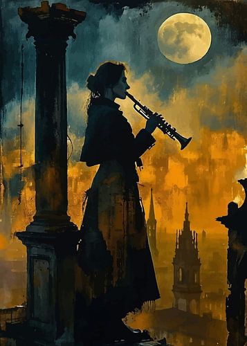 Donker figuur speelt klarinet