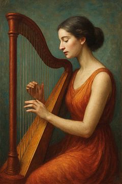 Femme jouant de la harpe peinture. sur Galerie Hoppenbrouwers
