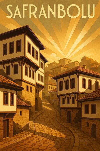 Safranbolu Art Deco Poster - Ottomaans Erfgoed Muurprint van Travel Shop