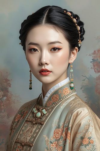 Originele Chinese vrouw in traditionele kleding en juwelen uit de 18de eeuw.