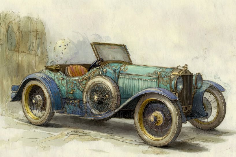 Detaillierte Zeichnung eines Oldtimer-Cabrios - "Rustikaler Roadster". von Peter Pen Zeichnungen und Gemälde